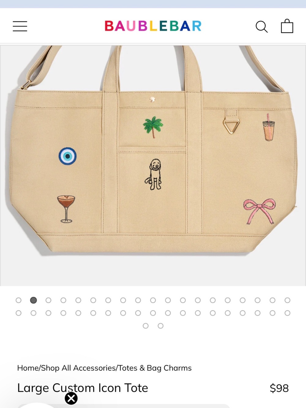 BaubleBar Khaki Canvas Tote with Embroidered Icons